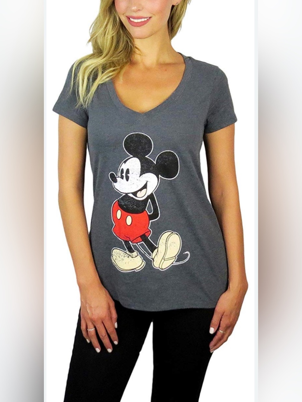 Women's Grey V-Neck Disney Mickey Mouse Graphic Tee Sz Large